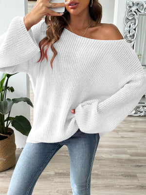 White off-the-shoulder ribbed knit pullover sweater with bell sleeves.