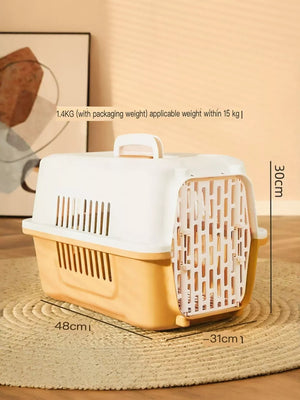Two-tone pet carrier bag in white and yellow with ventilation slots and a top handle.