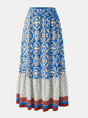 Tiered maxi skirt in blue with medallion print and elastic waist
