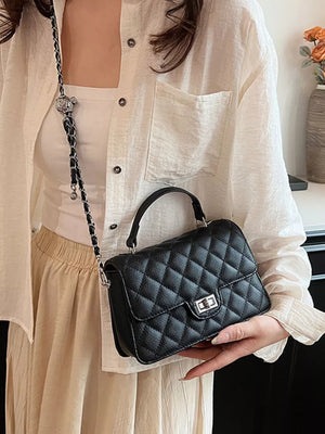 Quilted Chain Strap Crossbody Bag in Black, front view