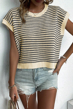 Sleeveless knit tank top in cream with black stripes, crew neck, ribbed trim.