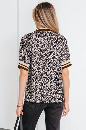 Gingham Striped Patchwork Half Zip Blouse in Coffee Brown, side view