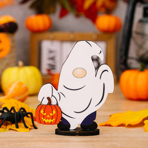 Wooden Halloween ghost gnome figurine holding a jack-o-lantern, Style A
