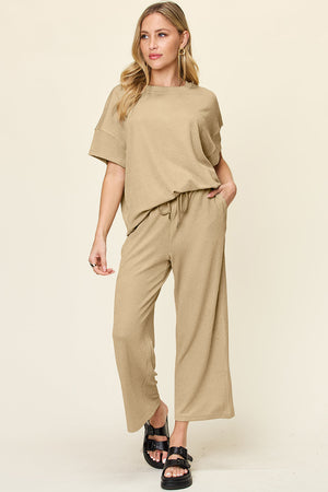 Khaki waffle knit lounge set with drawstring pants and short sleeve top