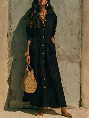 Textured Button Front Long Sleeve Maxi Dress Plus Size in Black, view 14