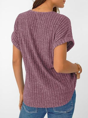 Burgundy ribbed V-neck t-shirt with short sleeves and relaxed fit.