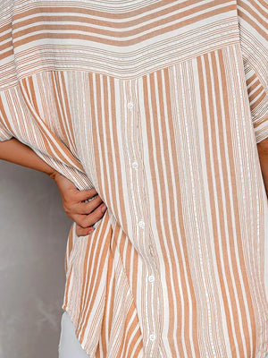 Maternity collared shirt with half sleeves in Khaki Wave Point stripe pattern and decorative buttons.