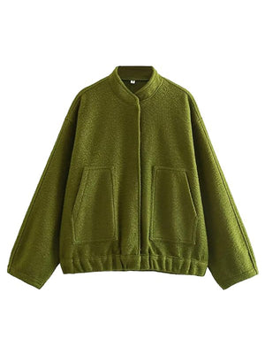 Moss green bouclé cocoon jacket with snap closure and patch pockets