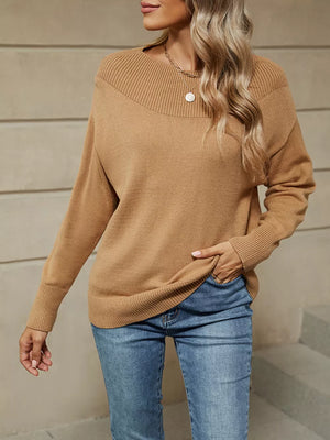 Ribbed Knit Dropped Shoulder Sweater in Light Gray, product detail