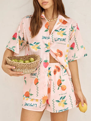 Pink co-ord pajama set with limoncello fruit print, button-down shirt and shorts