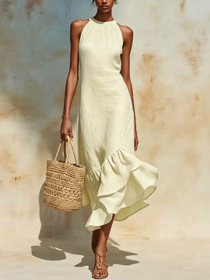 Full Size Ruffle Hem Sleeveless Midi Dress in Yellow, front view