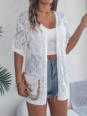 White open-knit diamond pattern cardigan with short sleeves and an open front.
