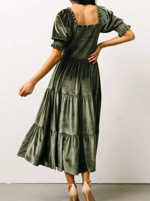 Velvet midi dress in Army Green with smocked bodice, square neckline, ruffled short sleeves, and tiered skirt.