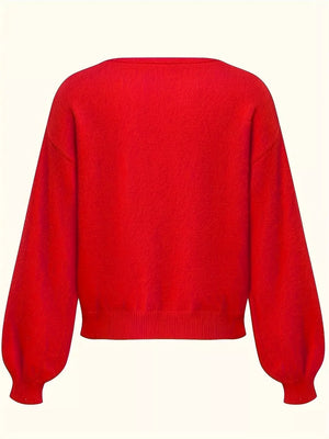 Red V-neck knit sweater with 3/4 balloon sleeves and ribbed cuffs and hem.