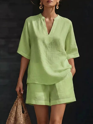 Light Green oversized two-piece set with V-neck top and shorts.