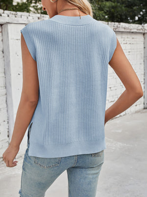 Light blue ribbed V-neck sweater vest with side slits, acrylic blend