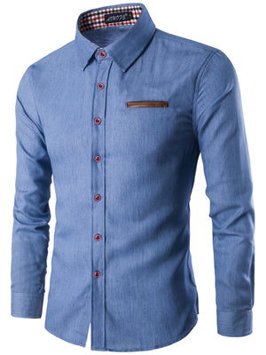 Light blue slim fit denim shirt for men with brown pocket detail and red buttons.
