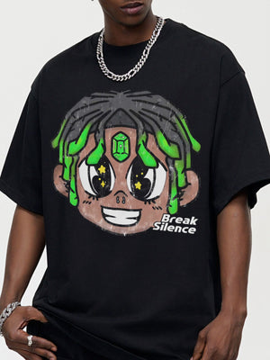 Black cotton t-shirt with oversized cartoon graphic and Break Silence text.