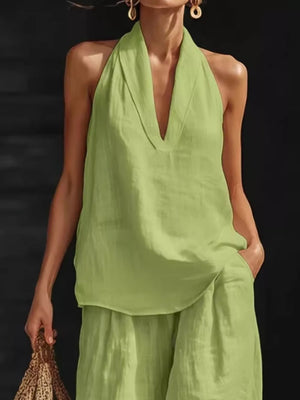 Light green halter neck top with flowing wide-leg pants set, v-neck, sleeveless, casual women's outfit