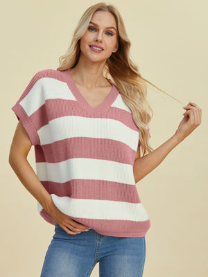 Bold Stripe Cap-Sleeve Knit Top in Dusty Pink and White, V-neck casual sweater