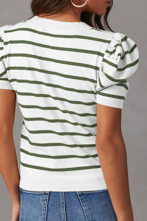 Puff sleeve Breton knit top with green and white stripes.