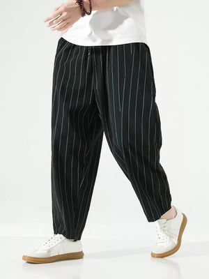 Men's black relaxed fit sweatpants with white pinstripes and a drawstring waist.
