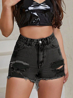 Black distressed denim shorts with frayed hem and ripped details