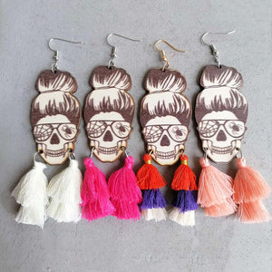 Skull bun tassel drop earrings in cream, multicolor, hot pink, and watermelon pink.