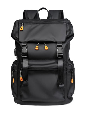 Black tech-utility backpack with contrast orange zipper pulls and buckles