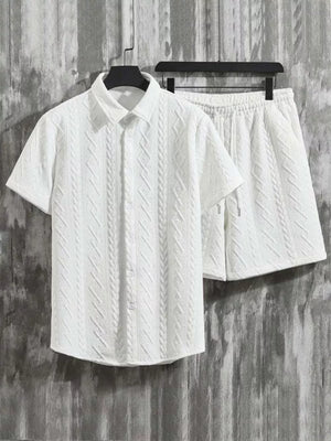 White knit polo shirt and shorts set with cable knit texture and drawstring waist.