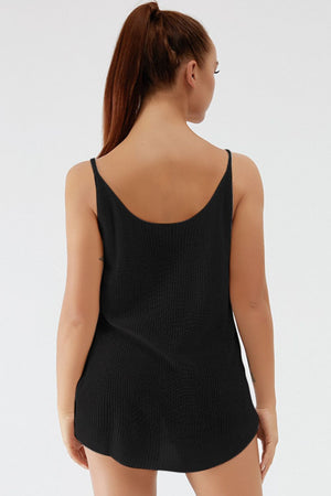 Black ribbed knit cami with scoop back and thin straps