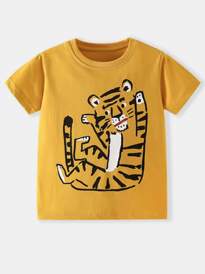 Toddler yellow cotton crew neck t-shirt with a playful tiger graphic.