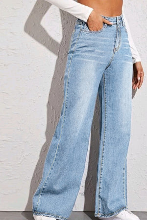 Sculpted palazzo jeans in dusty blue denim with a wide leg and high waist.