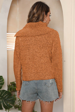 Caramel textured knit sweater with asymmetric collar, long sleeves and casual fit.