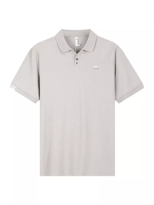 Light gray textured casual polo shirt with button accents and short sleeves.