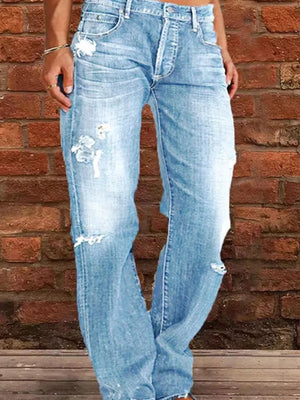 Light blue distressed maternity jeans with raw hem and button fly
