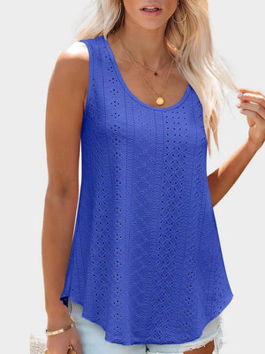 Royal blue eyelet scoop-neck trapeze tank top with a breathable, casual fit.