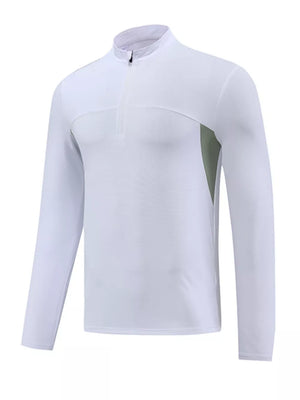 Men's white long sleeve activewear tee with quarter zip and mesh side panels.