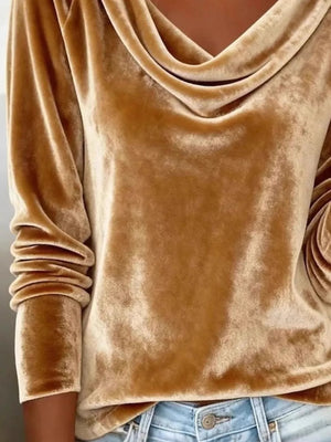Gold velvet t-shirt with cowl neck and long sleeves.