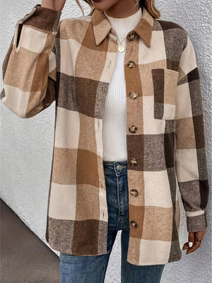 Oversized camel plaid shacket with button detail and chest pocket.