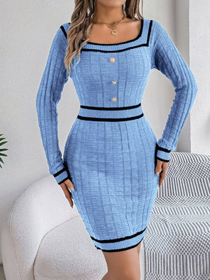 Pastel blue ribbed knit bodycon dress with button front and black trim