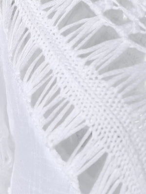 White crochet-trimmed flowy cover-up with fringe detail