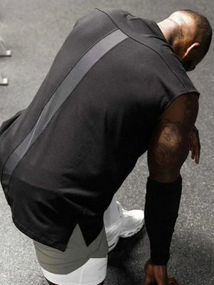 Black performance cut sleeveless tee with a grey stripe detail.