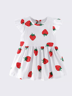White cotton baby dress with allover red strawberry print and ruffle sleeves.
