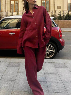 Burgundy relaxed fit button-up shirt and wide-leg pants set.