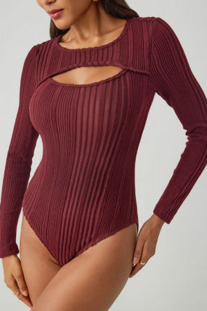 Deep Red ribbed long sleeve bodysuit with a keyhole cutout neckline.