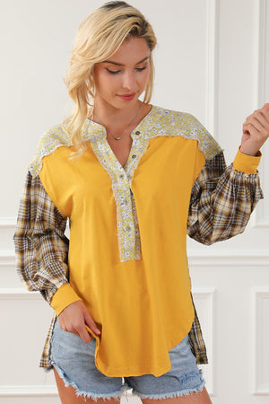Yellow mixed media plaid yoke blouse with floral trim and button front.