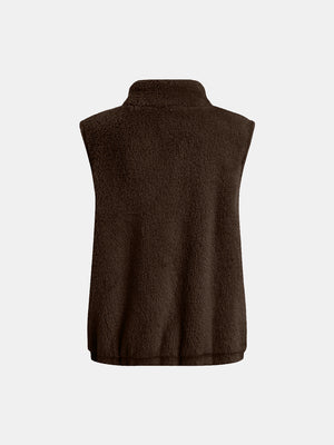 Chocolate teddy fleece stand-collar vest with a soft texture.