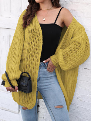Chartreuse balloon sleeve open knit cardigan with a relaxed fit.