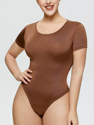 Sculpted scoop-neck bodysuit in coffee brown with short sleeves.